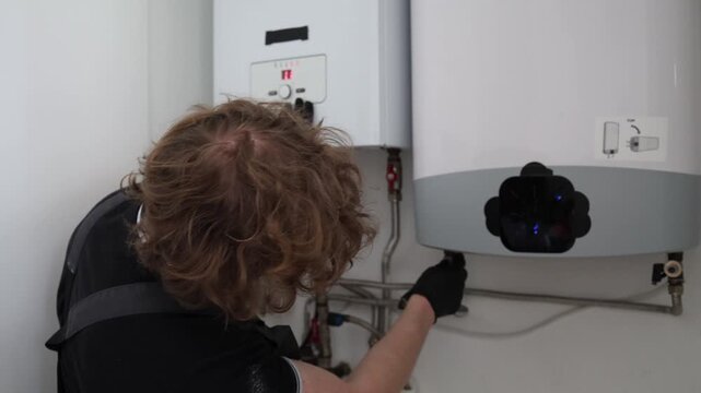 Man adjusting modern water heater during heating season maintenance checking apartment plumbing system and preparing home utilities for cold weather