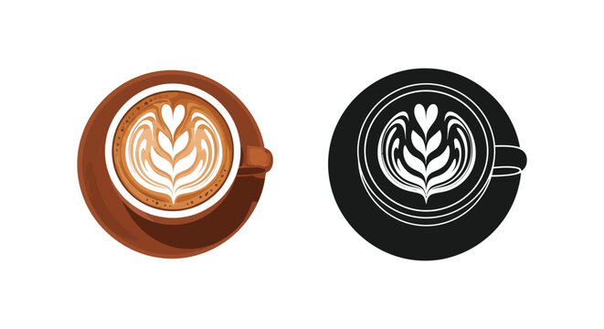 Coffee cup with latte art color and black silhouette