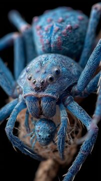 Extreme macro of a large blue spider with its spiderling on a dark background, highlighting intricate details and wildlife behavior.