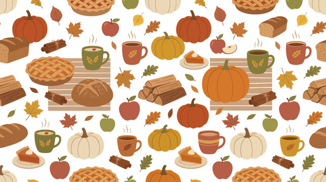 Autumn Fall Harvest Food Seamless Flat Vector Pattern with Pumpkins, Apples, Pies, Mugs, and Leaves