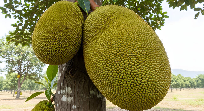 Large Fresh Jackfruits Growing on Tree in Tropical Orchard