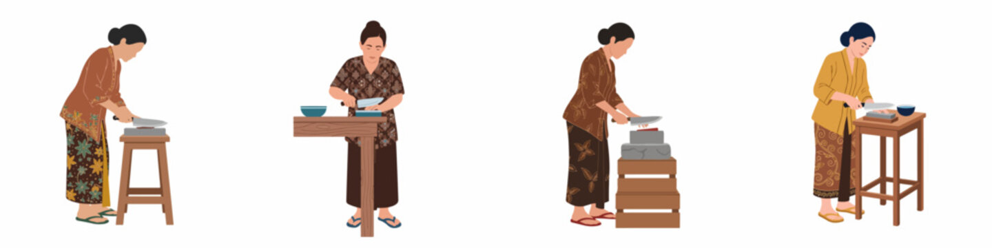 Set of illustrations showing Indonesian women in traditional batik attire preparing food by chopping ingredients on wooden tables.