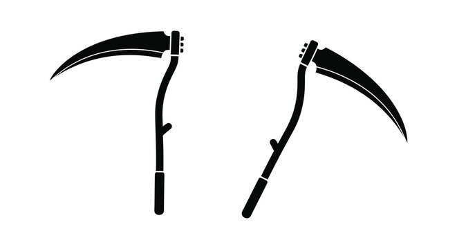 Two scythes in black silhouette