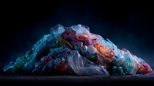 Pile of discarded plastic bottles and crumpled bags under dramatic cold lighting against a moody sky, providing clean copy space for environmental campaigns, NGO posters, and corporate...