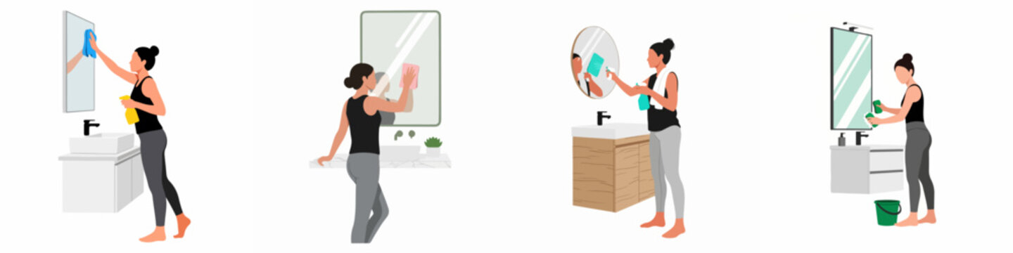 Set of illustrations depicting a woman cleaning bathroom mirrors using spray bottles and cloths in various modern bathroom settings.