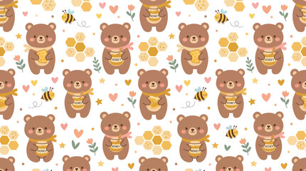Obraz premium Cute Cartoon Bear Holding Honey Jar and Bee Seamless Pattern Vector Illustration for Kids' Products, Nature Food