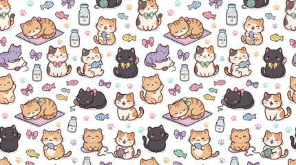 Fototapeta premium Cute Cartoon Cats Seamless Pattern. Adorable Kawaii Kittens with Milk and Fish. Pet-Themed Background for Kids Design Vector