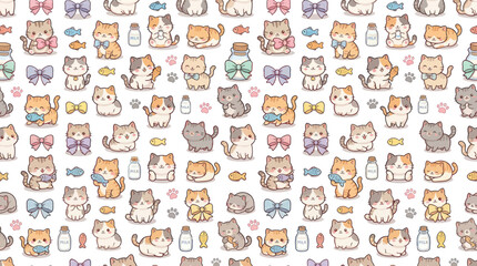 Obraz premium Cute Kawaii Cats Seamless Pattern - Adorable Animal Vector Art