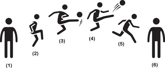 Soccer kick sequence stick figure illustration showing player shooting ball step by step © MDMaksud
