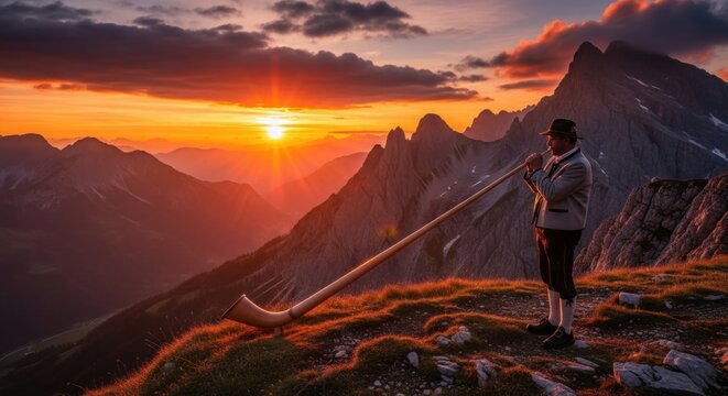 Man playing alphorn on mountain peak during dramatic sunset in Alps