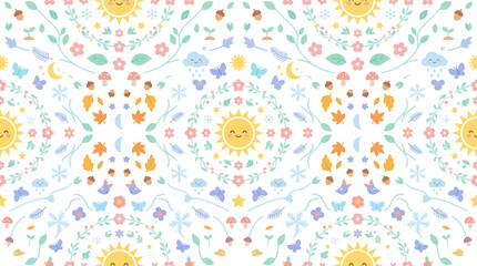 Fototapeta premium Cute Four Seasons Nature Seamless Pattern Vector. Flat Cartoon Elements Icons for Children's Design.