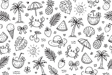 Hand drawn doodle pattern featuring various summer elements like palm trees pineapples crabs and tropical fruit for creative design projects © Monivara Creations