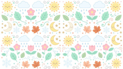 Obraz premium Cute Cartoon Seasons Pattern with Sun, Moon, Flowers, Leaves and Clouds