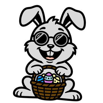 Cool Cartoon Easter Bunny Wearing Sunglasses Holding a Woven Basket of Colorful Eggs