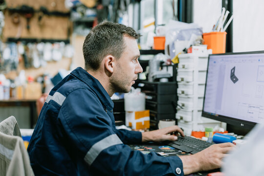 Engineer production part design process, Product designer, Digital computer industrial workstation.