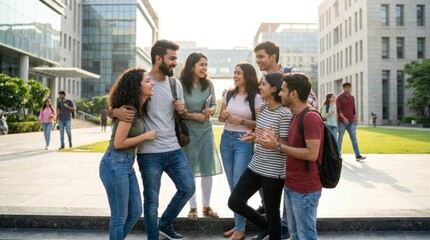 Obraz premium University Life: A vibrant group of diverse students engage in lively conversation outside modern university buildings, embodying the spirit of campus camaraderie and youthful energy.
