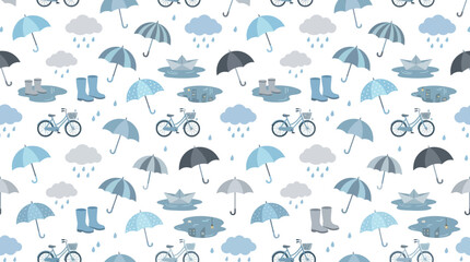 Obraz premium Rainy Day Weather Lifestyle Flat Vector Seamless Pattern with Umbrellas and Rain Boots