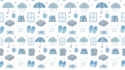 Obraz premium Cute Rain Pattern with Umbrellas, Clouds, Books, and Cups - Flat Vector Art