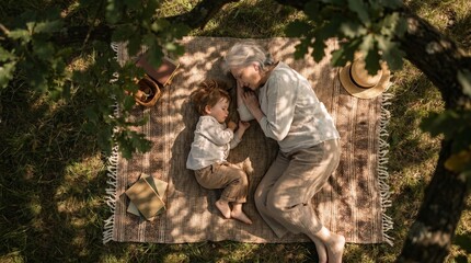 Fototapeta premium Overhead view of senior grandmother and young grandson sleeping peacefully on a woven blanket under a tree in a sunlit summer park
