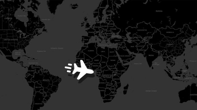 airplane travel animation, global flight route, world map navigation, aviation journey effect, international travel display