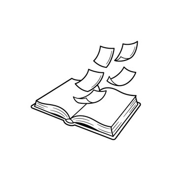 An open book with pages flying out, a simple black and white illustration of reading