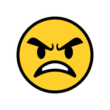An angry yellow circle with black eyebrows, eyes and mouth on a white background