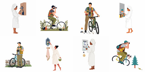 Fototapeta premium Diverse collection of flat illustrations showing people in morning routines and outdoor photography activities with bicycles and cameras.