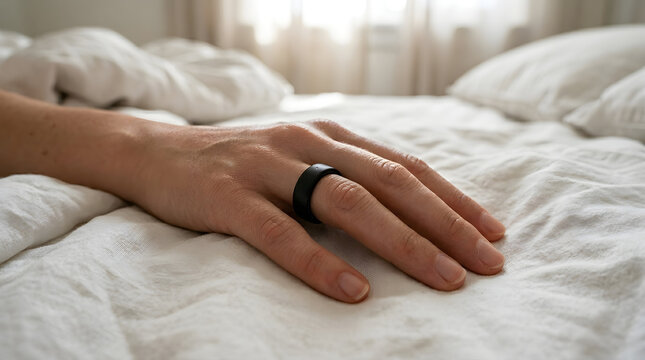 Hand wearing smart ring resting on white bed sheets