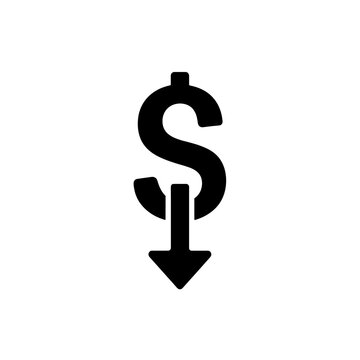 A simple black and white illustration of a dollar sign with a downward arrow symbol