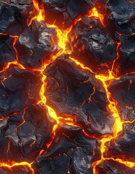 Molten lava flows through cracks in dark rock formations, glowing with intense heat.