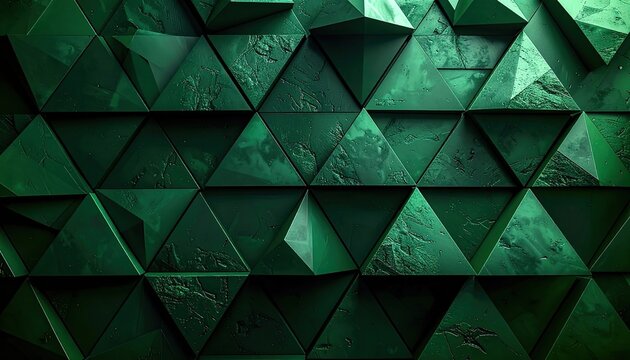 A mosaic of dark green geometric triangles with varied textures creates a striking abstract background.