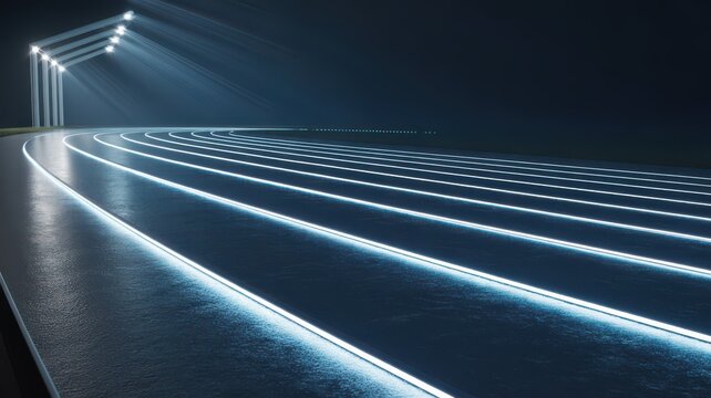 A fast car blurs through city traffic at night, leaving bright light trails on the highway asphalt as it speeds along the urban freeway