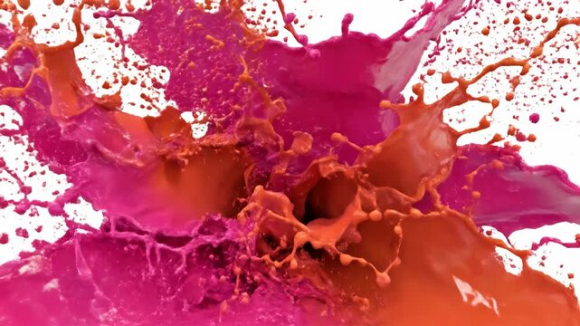 Dynamic pink liquid splash with orange accents exploding outwards on a white background. High-speed capture of paint droplets and splatter patterns in a radial formation.