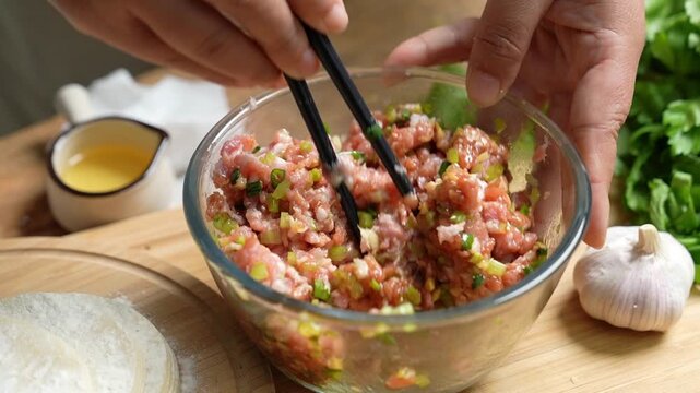 Preparing Minced Meat Dumpling Filling with Chopsticks