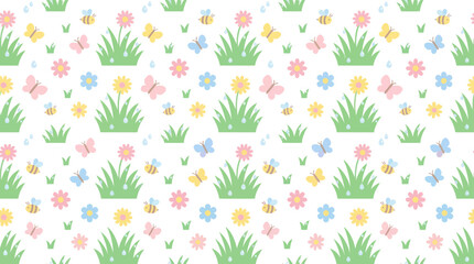 Naklejka premium Cute Spring Pattern with Butterflies, Bees, and Flowers - Flat Illustration