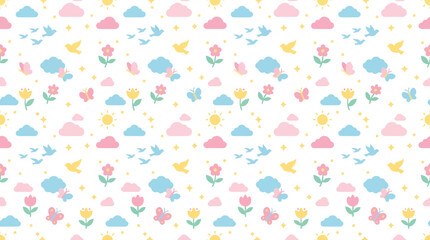 Obraz premium Cute Seamless Pattern of Baby Animals, Clouds, Flowers, and Sun