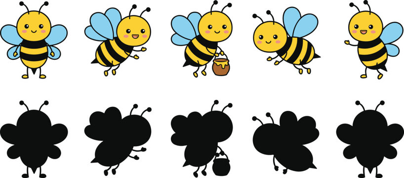 Cute Bee Character Set and Shadow Matching Game for Kids Education Featuring Flying Honey Bees with Honey Pot for Preschool Activity Sheets and Child Development Designs
