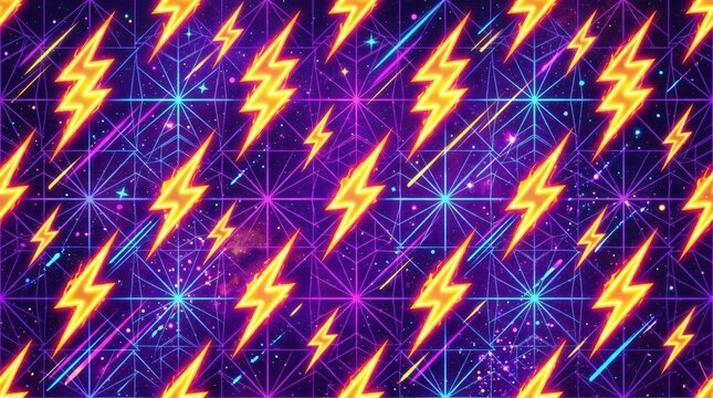 Neon lightning bolts and geometric patterns on a vibrant purple and blue cosmic background