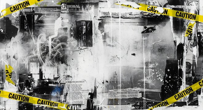 Abstract Black and White Collage with Caution Tape and Smoke Effect