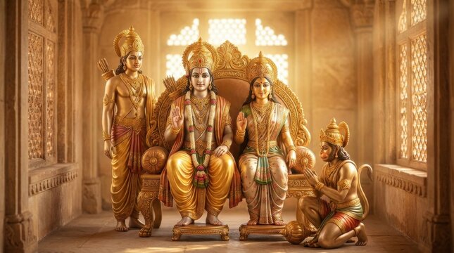 Golden Divinity: A serene depiction of revered deities within a majestic temple, bathed in ethereal light.