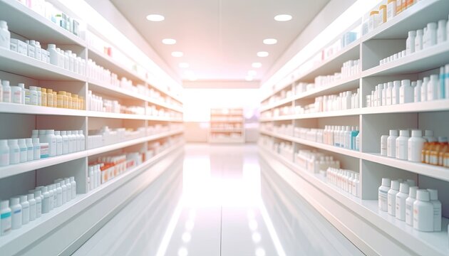 A bright, clean pharmacy aisle lined with shelves stocked with various medications and health products.