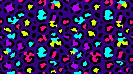 Obraz premium Vibrant Neon Leopard Print Seamless Pattern Retro Memphis Style with Bold Animal Spots and Geometric Accents on Purple Background High Energy Graphic Design