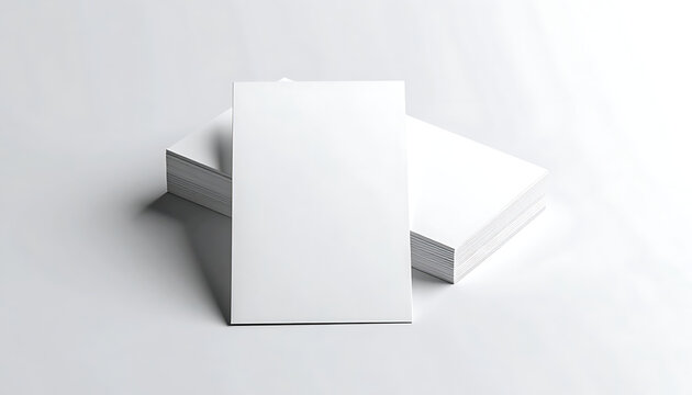 Blank white business cards stacked and fanned out on a clean studio surface, mock-up for branding and identity design presentation