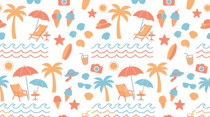 Fototapeta premium Flat Illustration Seamless Pattern: Summer Beach Holiday Vacation with Tropical Icons, Palm Trees, Umbrellas, Ice Cream, Waves.