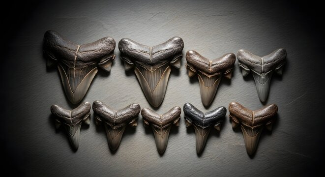 Collection of Fossilized Shark Teeth Displayed Artistically.