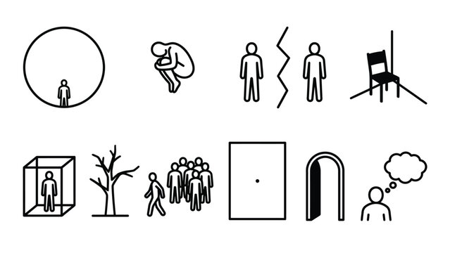 Linear icons depicting human emotions of loneliness social anxiety and interpersonal separation.