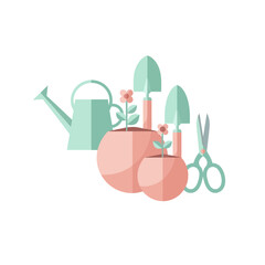 Obraz premium Gardening Tools, Plants, and Watering Can - Flat Design Illustration