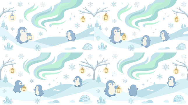 Cute Penguin Family with Aurora Borealis, Winter Seamless Pattern Vector Art