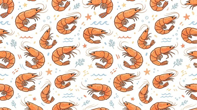 Seamless pattern of cute cartoon shrimp illustrations on a white background with decorative elements