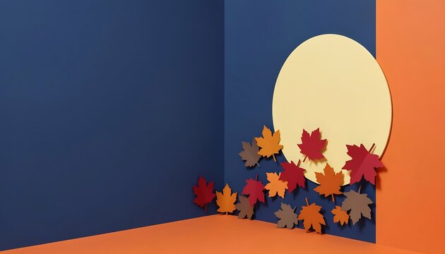 季節の葉っぱと丸い窓のある秋の風景